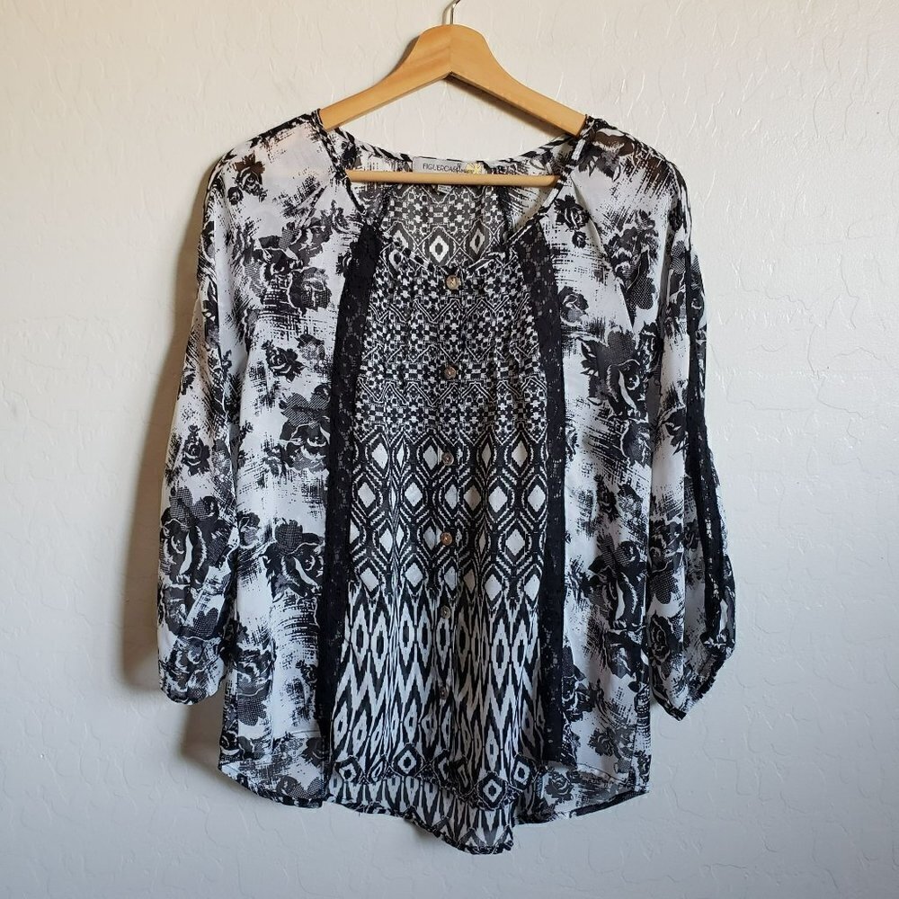 Anthropologie Figueroa & Flower Sheer Mixed Rose Print Blouse Black/White Small